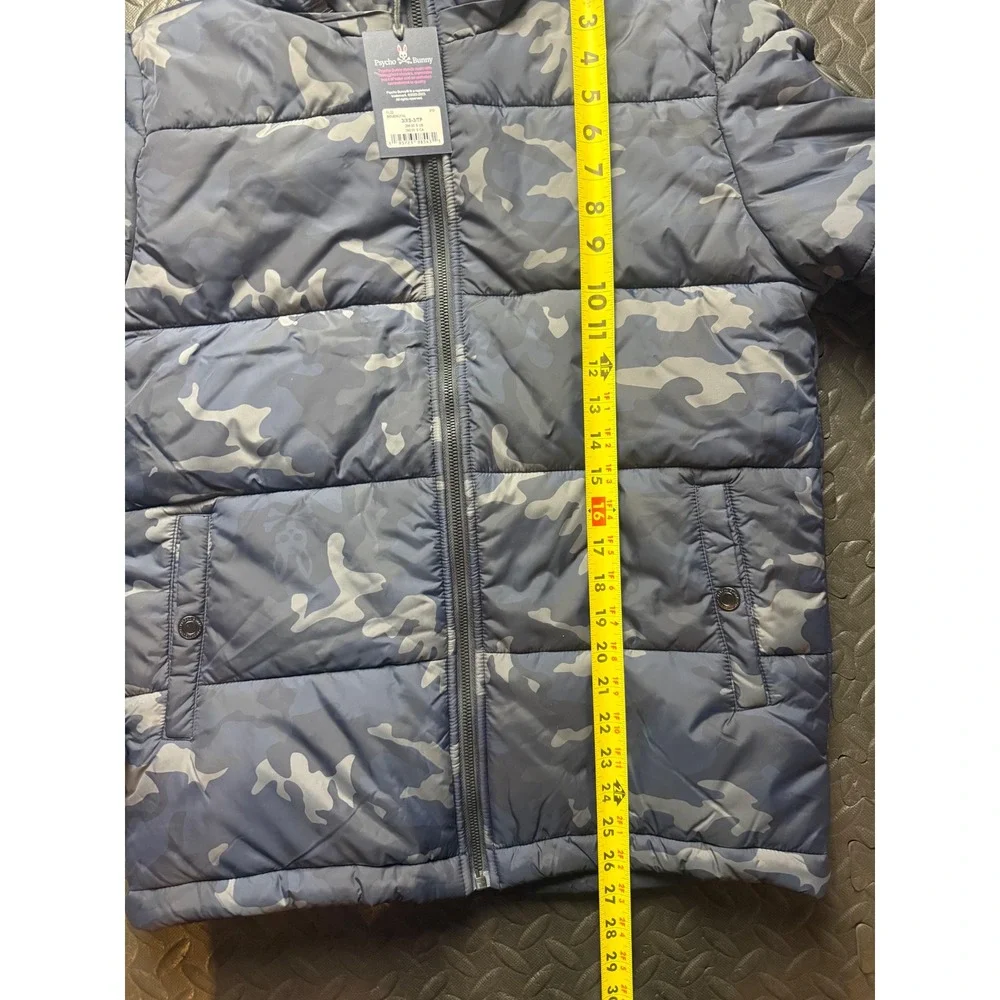 Psycho Bunny Mens Camo Hooded Puffer Jacket Blue Grey XS B6N809U1NL NEW